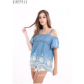 Women Stitching Lace Flounced Hem Embroidered Strapless Tops Wavy Harness Loose Fashion Shirt Blouse